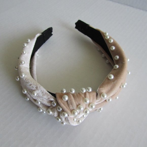 New Women’s Pearl Like Beads Beige Velvet Jeweled Hairband/Headband - Picture 2 of 5